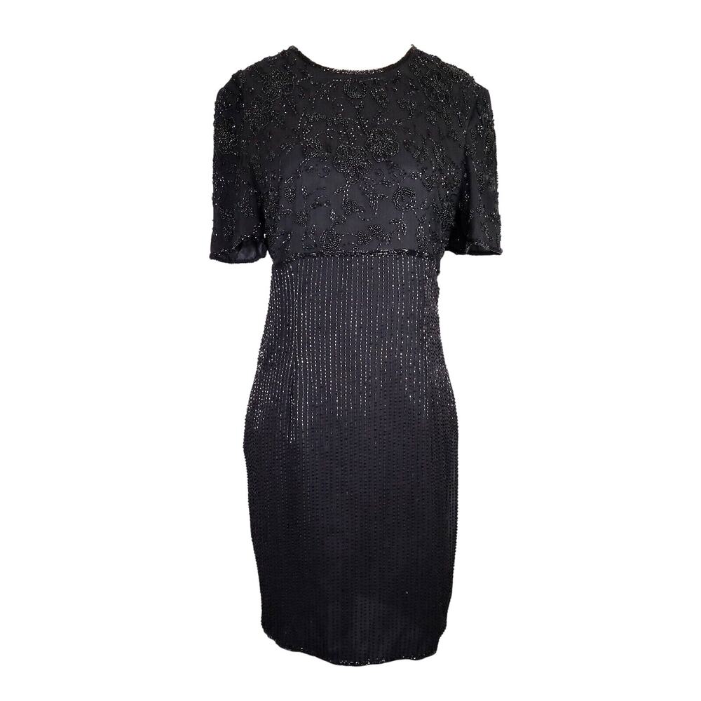Parisian Room Dress Womens 12 Silk Black Beaded Lined Shoulder Pads LBD Vintage